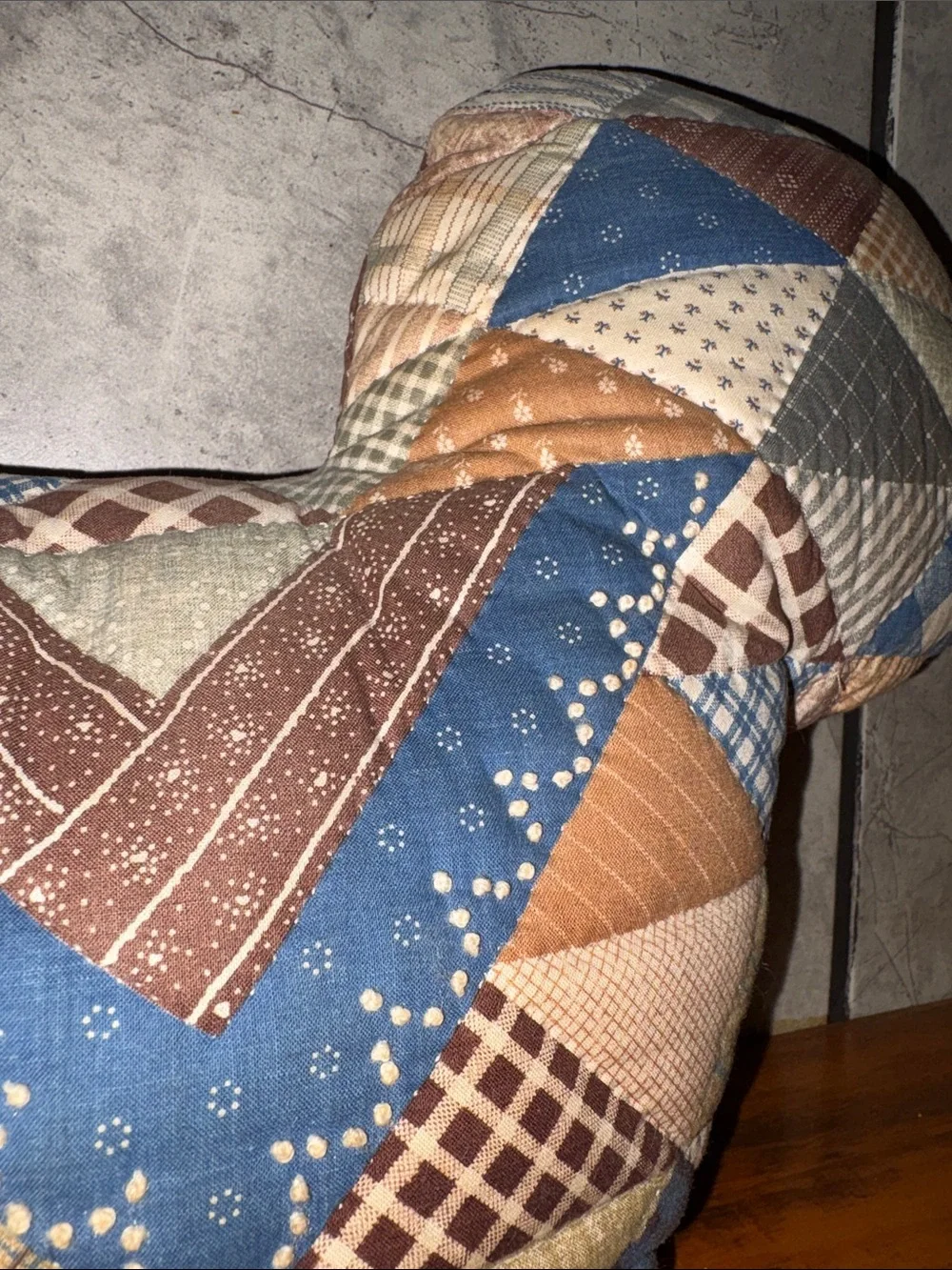 Vintage 90s Patchwork Quilted Chicken  Accent Pillow in Blue and Brown Handmade